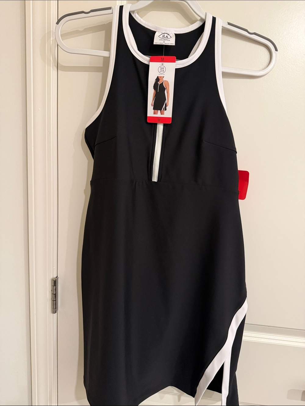 Sleeveless Black Tennis Dress with White Trim and Center Zip